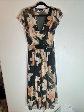Alexa B Nites Black Floral Maxi Dress Faux Wrap Sheer Georgette 10P